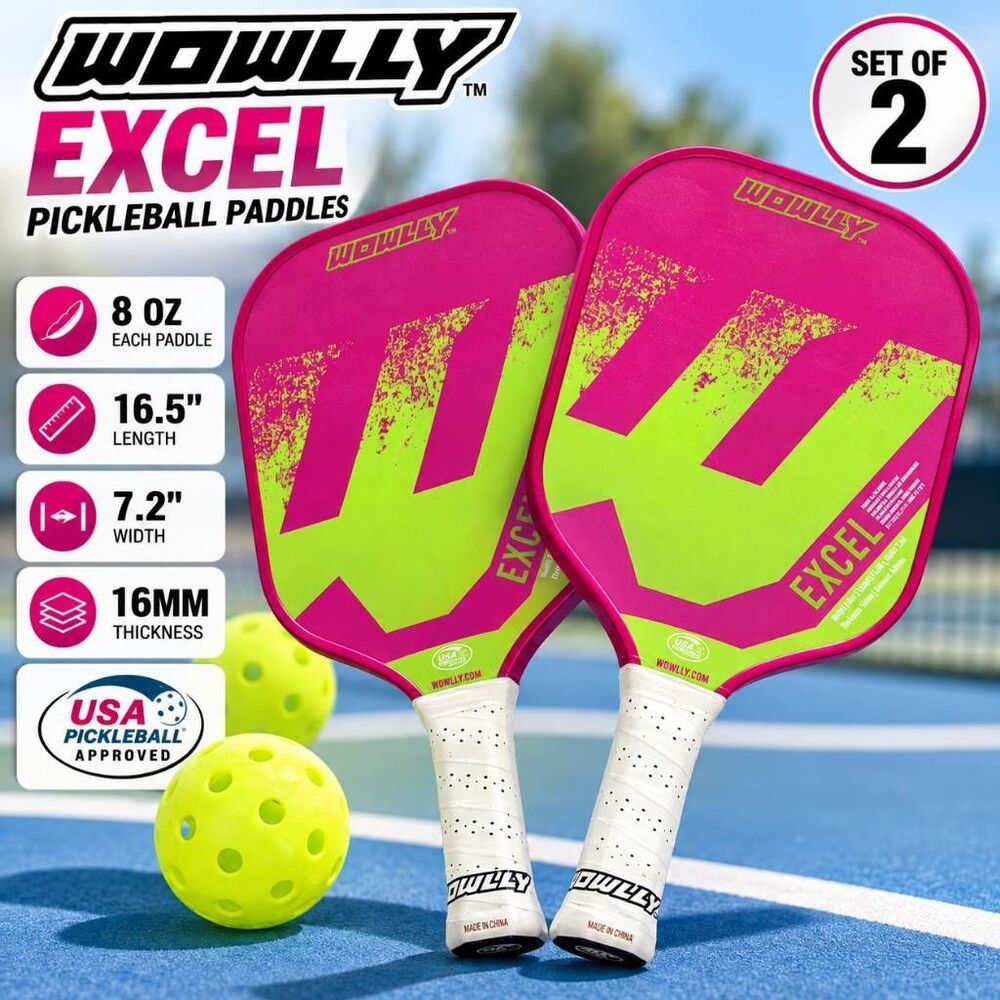 WOWLLY Excel Pickleball Paddles Set 2 Pink Green 16mm USA Pickleball Approved